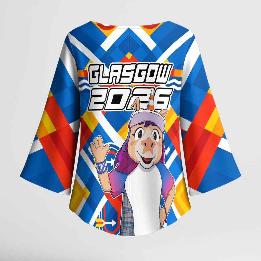 Glasgow 2026 Scotland Kimono Sleeve Blouse Thistle Vibrant Tartan Cartoon Character
