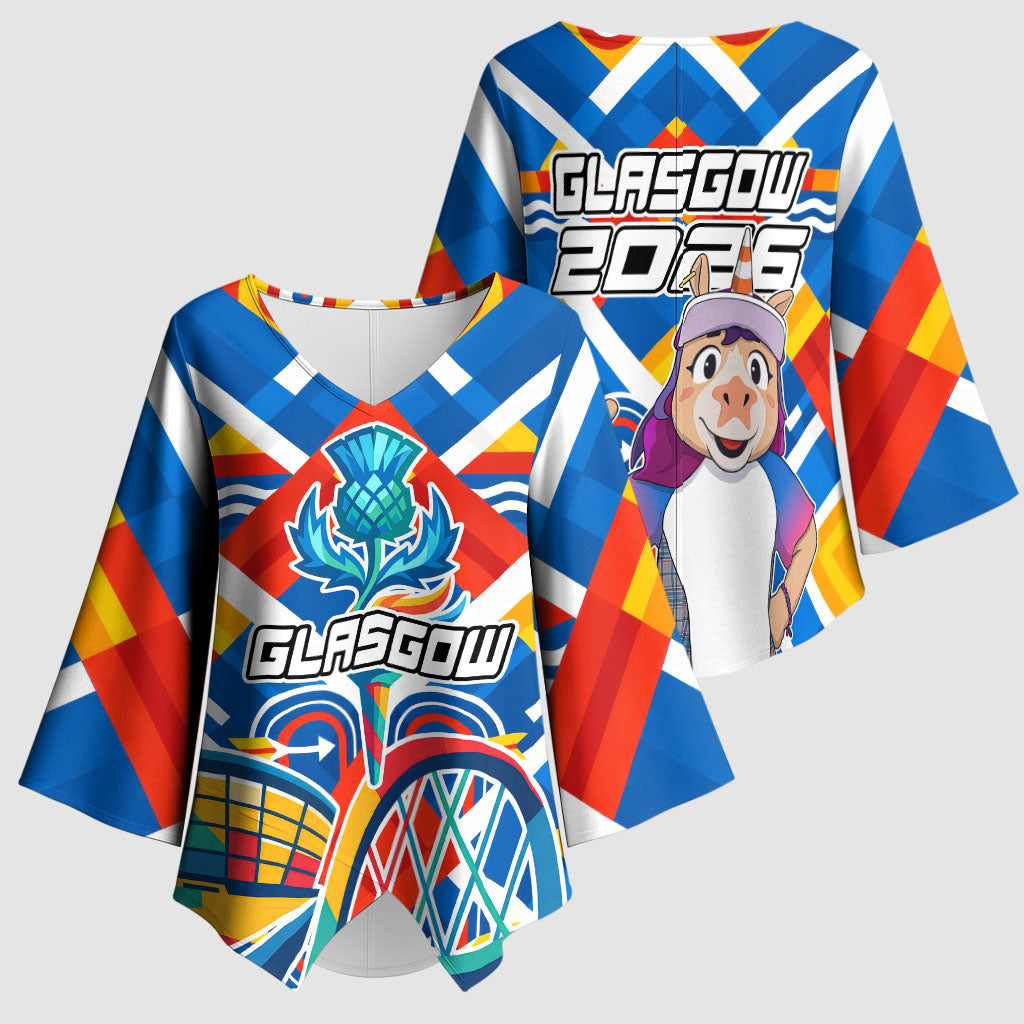 Glasgow 2026 Scotland Kimono Sleeve Blouse Thistle Vibrant Tartan Cartoon Character
