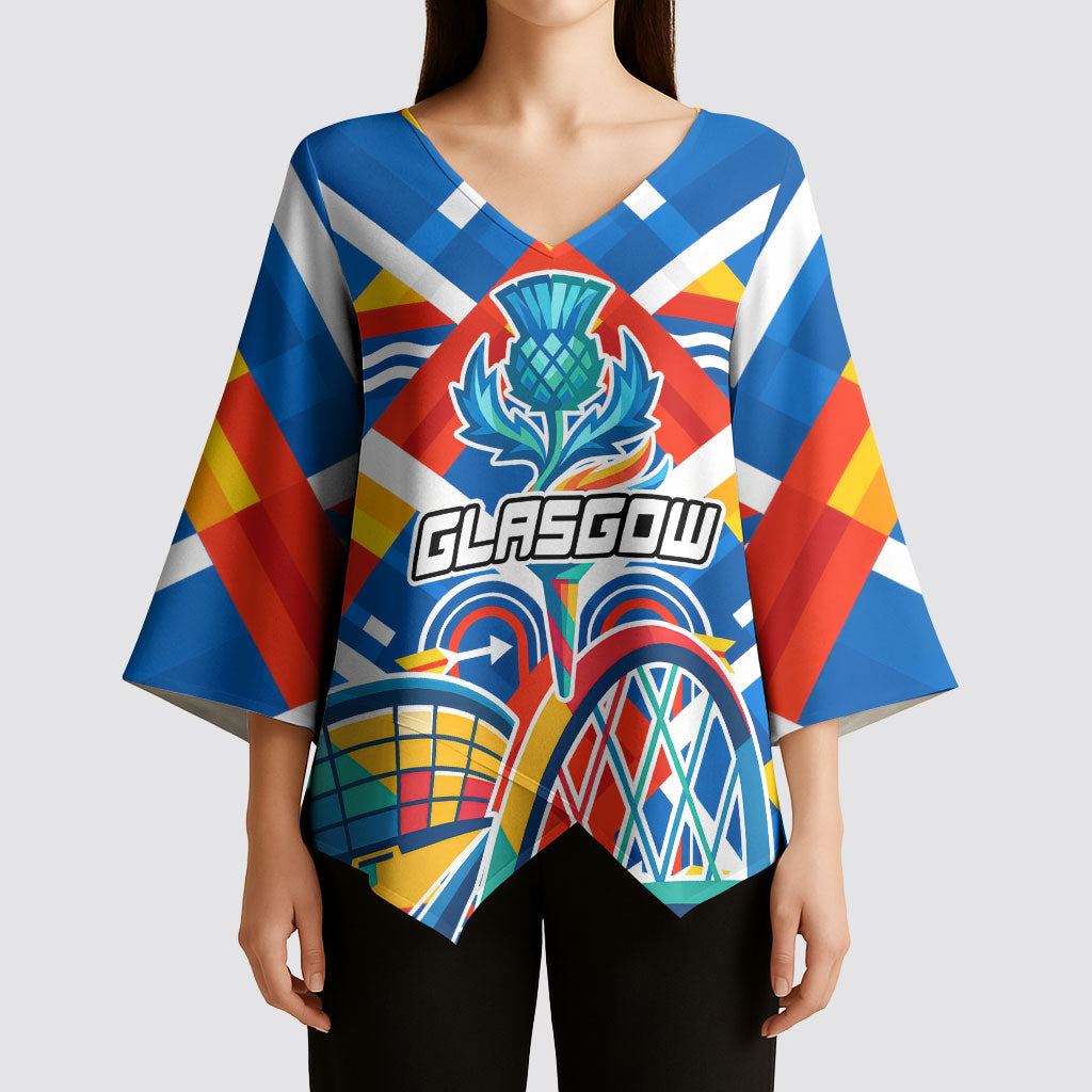 Glasgow 2026 Scotland Kimono Sleeve Blouse Thistle Vibrant Tartan Cartoon Character
