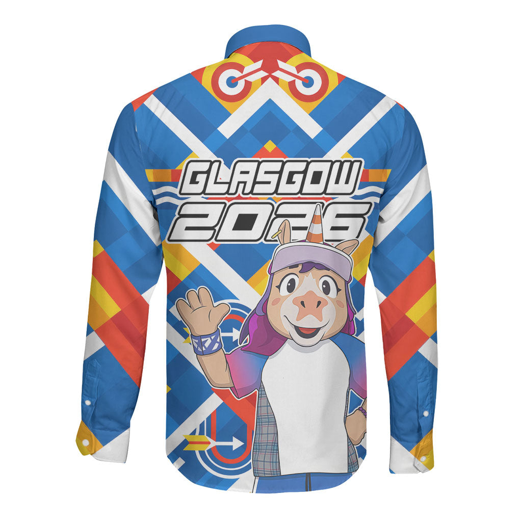 Glasgow 2026 Scotland Long Sleeve Button Shirt Thistle Vibrant Tartan Cartoon Character