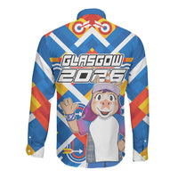 Glasgow 2026 Scotland Long Sleeve Button Shirt Thistle Vibrant Tartan Cartoon Character