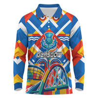 Glasgow 2026 Scotland Long Sleeve Polo Shirt Thistle Vibrant Tartan Cartoon Character