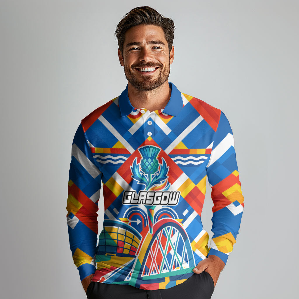 Glasgow 2026 Scotland Long Sleeve Polo Shirt Thistle Vibrant Tartan Cartoon Character