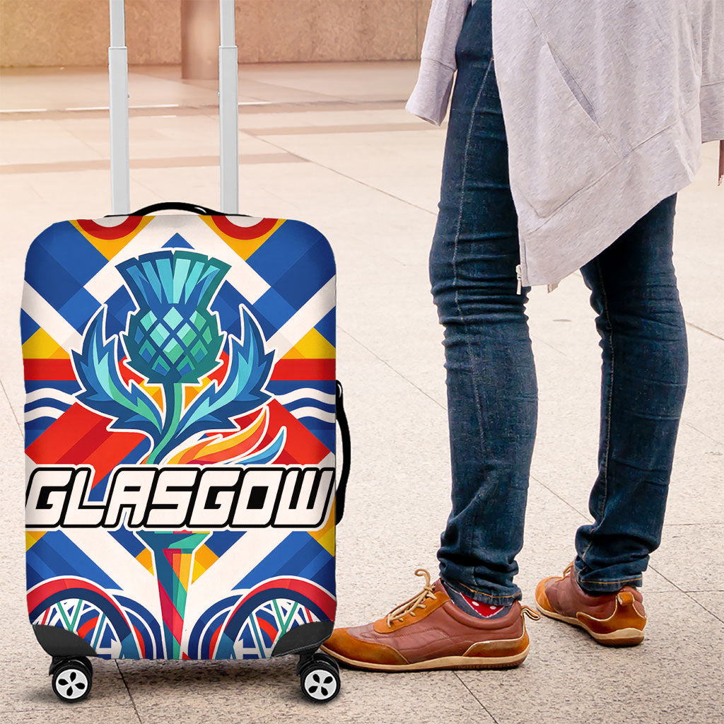 Glasgow 2026 Scotland Luggage Cover Thistle Vibrant Tartan Cartoon Character