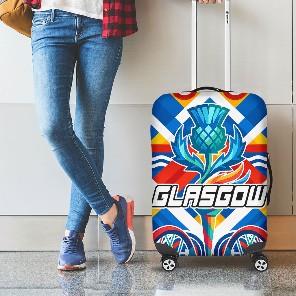 Glasgow 2026 Scotland Luggage Cover Thistle Vibrant Tartan Cartoon Character