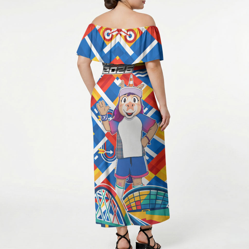 Glasgow 2026 Scotland Off Shoulder Maxi Dress Thistle Vibrant Tartan Cartoon Character