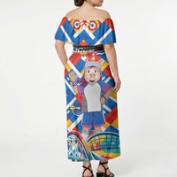 Glasgow 2026 Scotland Off Shoulder Maxi Dress Thistle Vibrant Tartan Cartoon Character