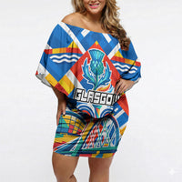 Glasgow 2026 Scotland Off Shoulder Short Dress Thistle Vibrant Tartan Cartoon Character