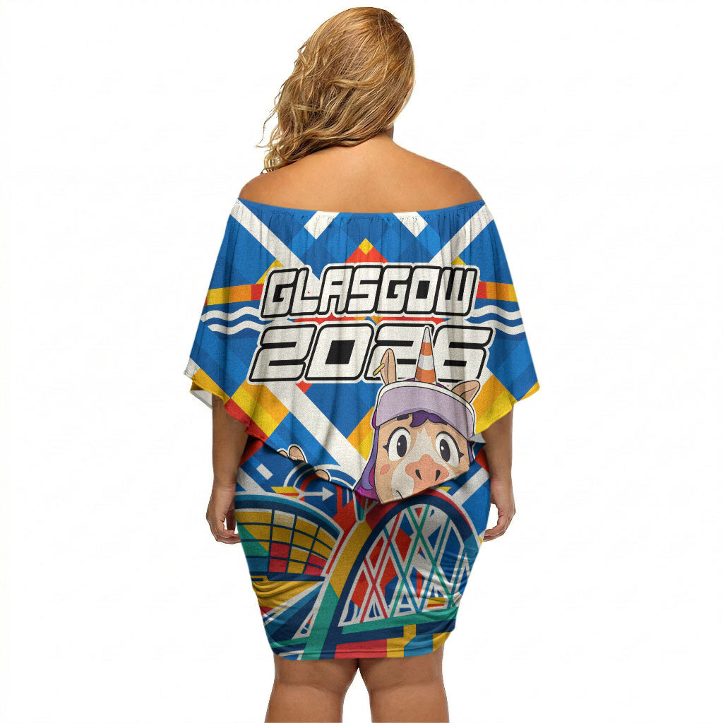 Glasgow 2026 Scotland Off Shoulder Short Dress Thistle Vibrant Tartan Cartoon Character