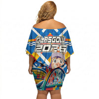 Glasgow 2026 Scotland Off Shoulder Short Dress Thistle Vibrant Tartan Cartoon Character