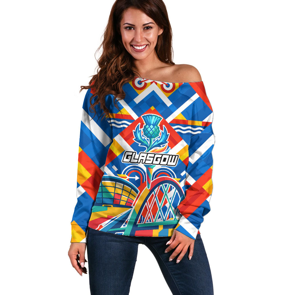 Glasgow 2026 Scotland Off Shoulder Sweater Thistle Vibrant Tartan Cartoon Character