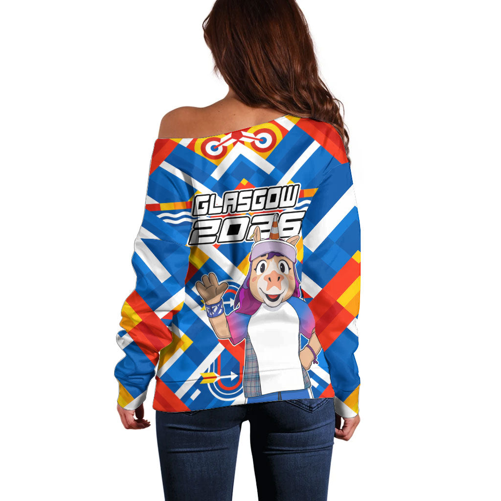 Glasgow 2026 Scotland Off Shoulder Sweater Thistle Vibrant Tartan Cartoon Character
