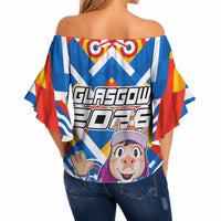 Glasgow 2026 Scotland Off Shoulder Wrap Waist Top Thistle Vibrant Tartan Cartoon Character