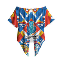 Glasgow 2026 Scotland Off Shoulder Wrap Waist Top Thistle Vibrant Tartan Cartoon Character
