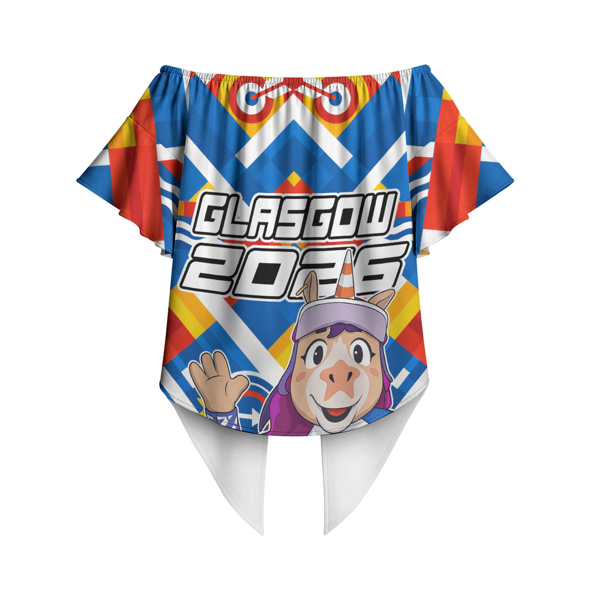 Glasgow 2026 Scotland Off Shoulder Wrap Waist Top Thistle Vibrant Tartan Cartoon Character