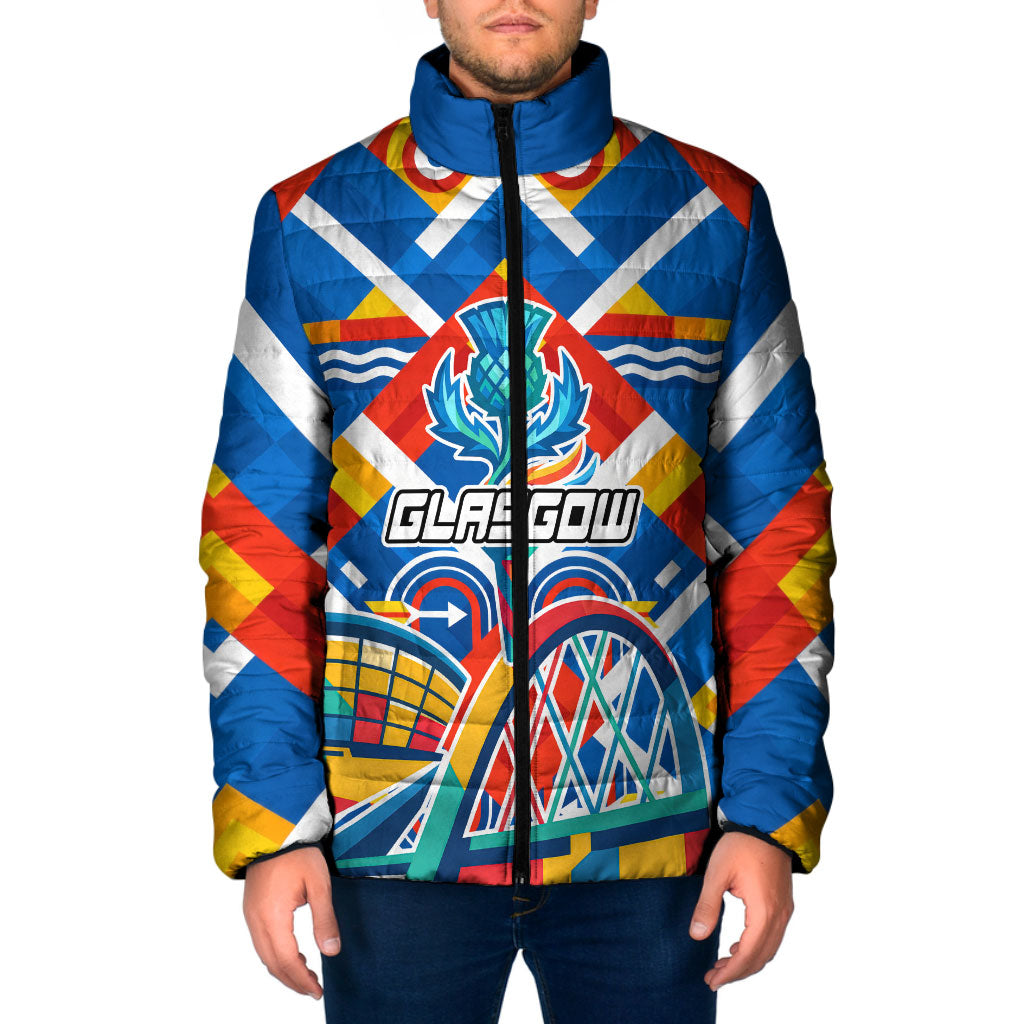 Glasgow 2026 Scotland Padded Jacket Thistle Vibrant Tartan Cartoon Character