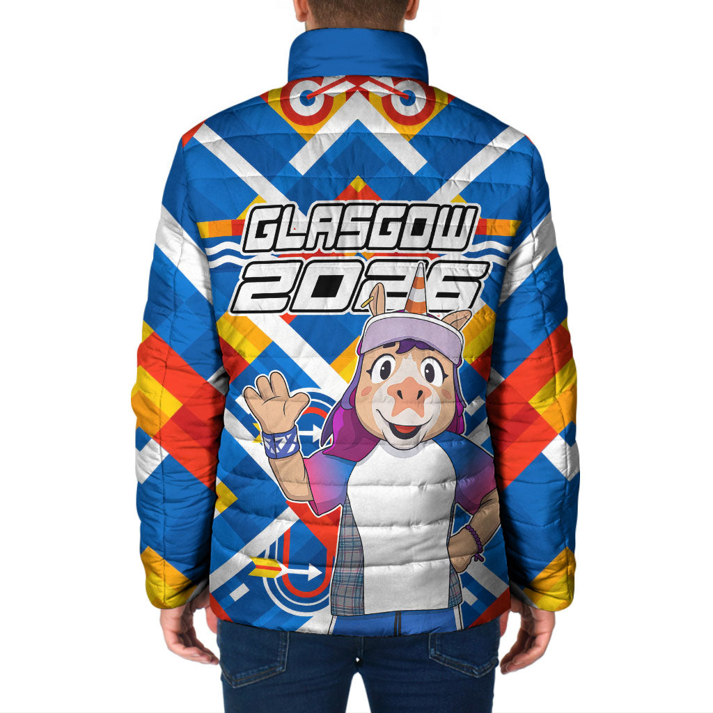 Glasgow 2026 Scotland Padded Jacket Thistle Vibrant Tartan Cartoon Character