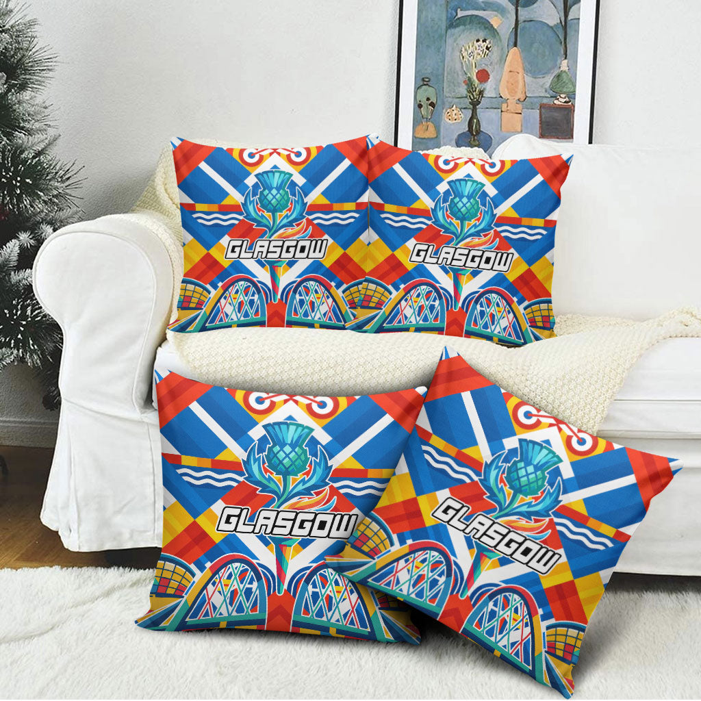 Glasgow 2026 Scotland Pillow Cover Thistle Vibrant Tartan Cartoon Character