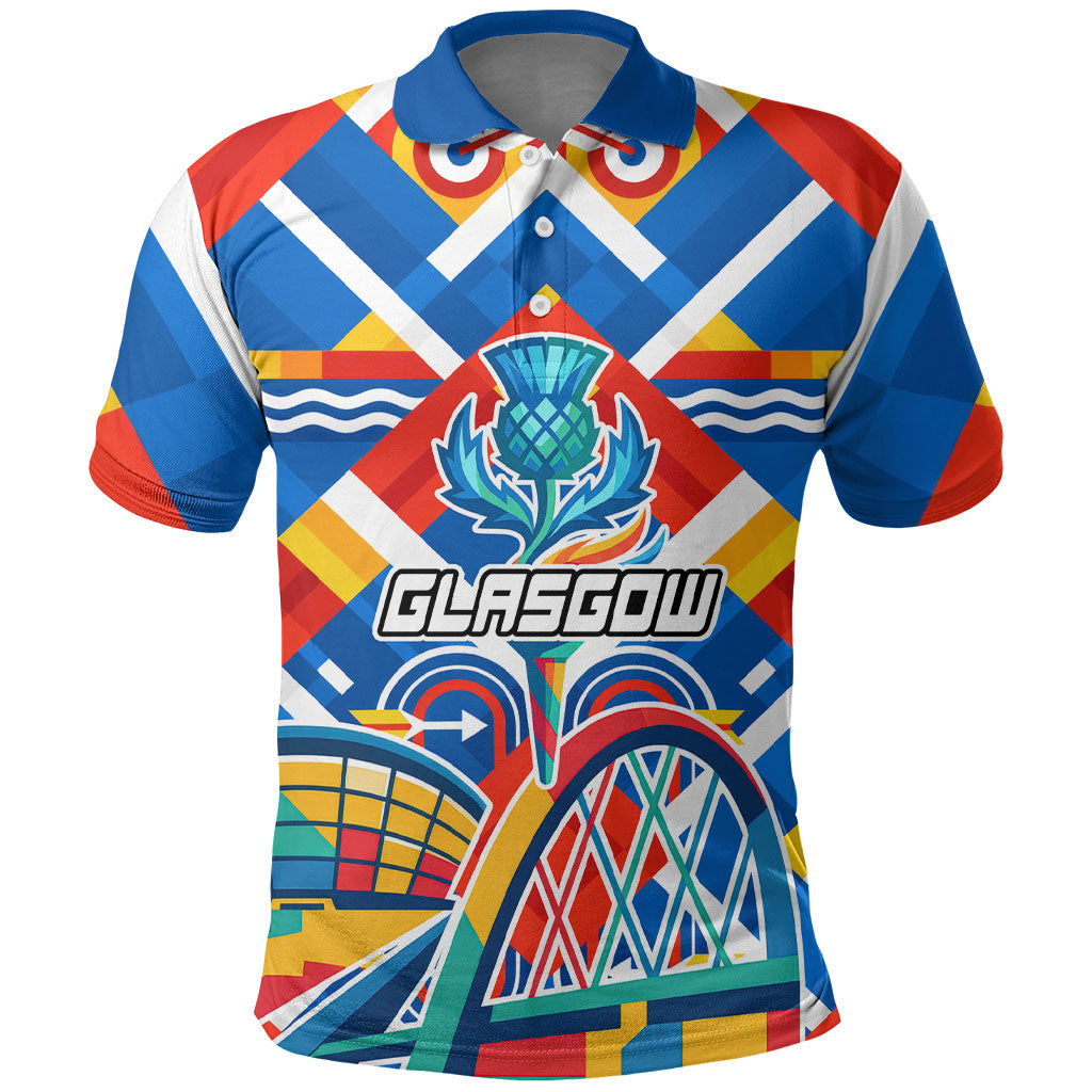 Glasgow 2026 Scotland Polo Shirt Thistle Vibrant Tartan Cartoon Character