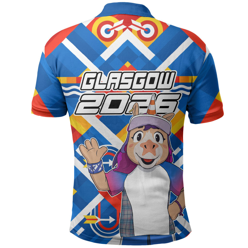 Glasgow 2026 Scotland Polo Shirt Thistle Vibrant Tartan Cartoon Character