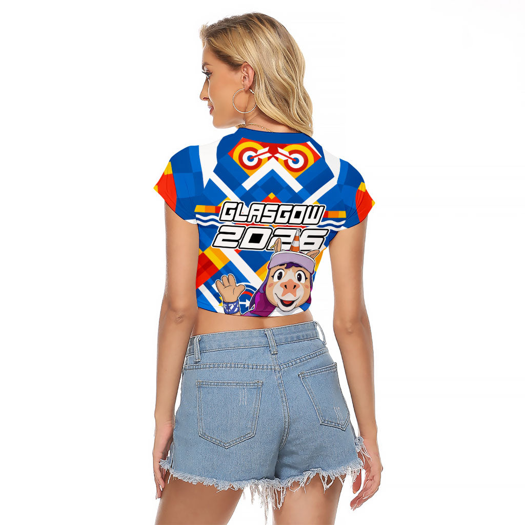 Glasgow 2026 Scotland Raglan Cropped T Shirt Thistle Vibrant Tartan Cartoon Character