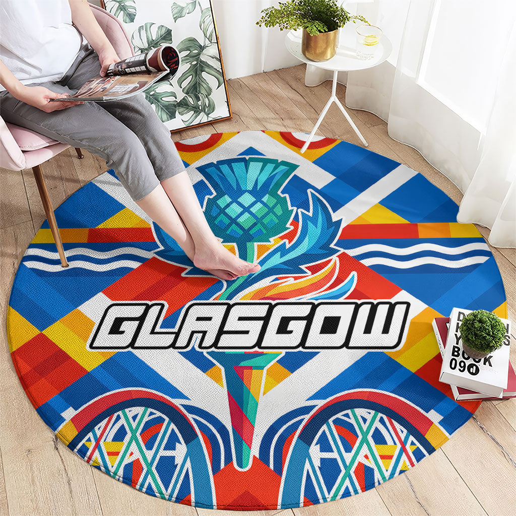 Glasgow 2026 Scotland Round Carpet Thistle Vibrant Tartan Cartoon Character