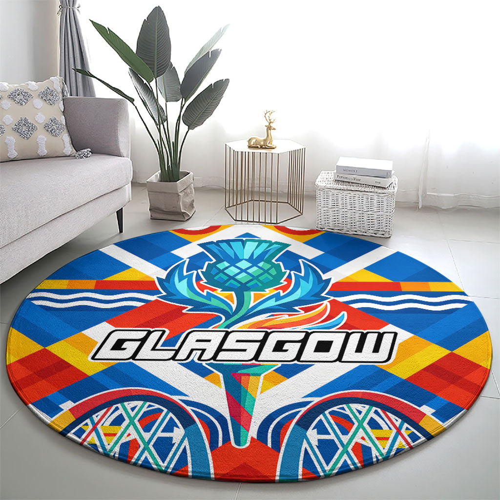 Glasgow 2026 Scotland Round Carpet Thistle Vibrant Tartan Cartoon Character