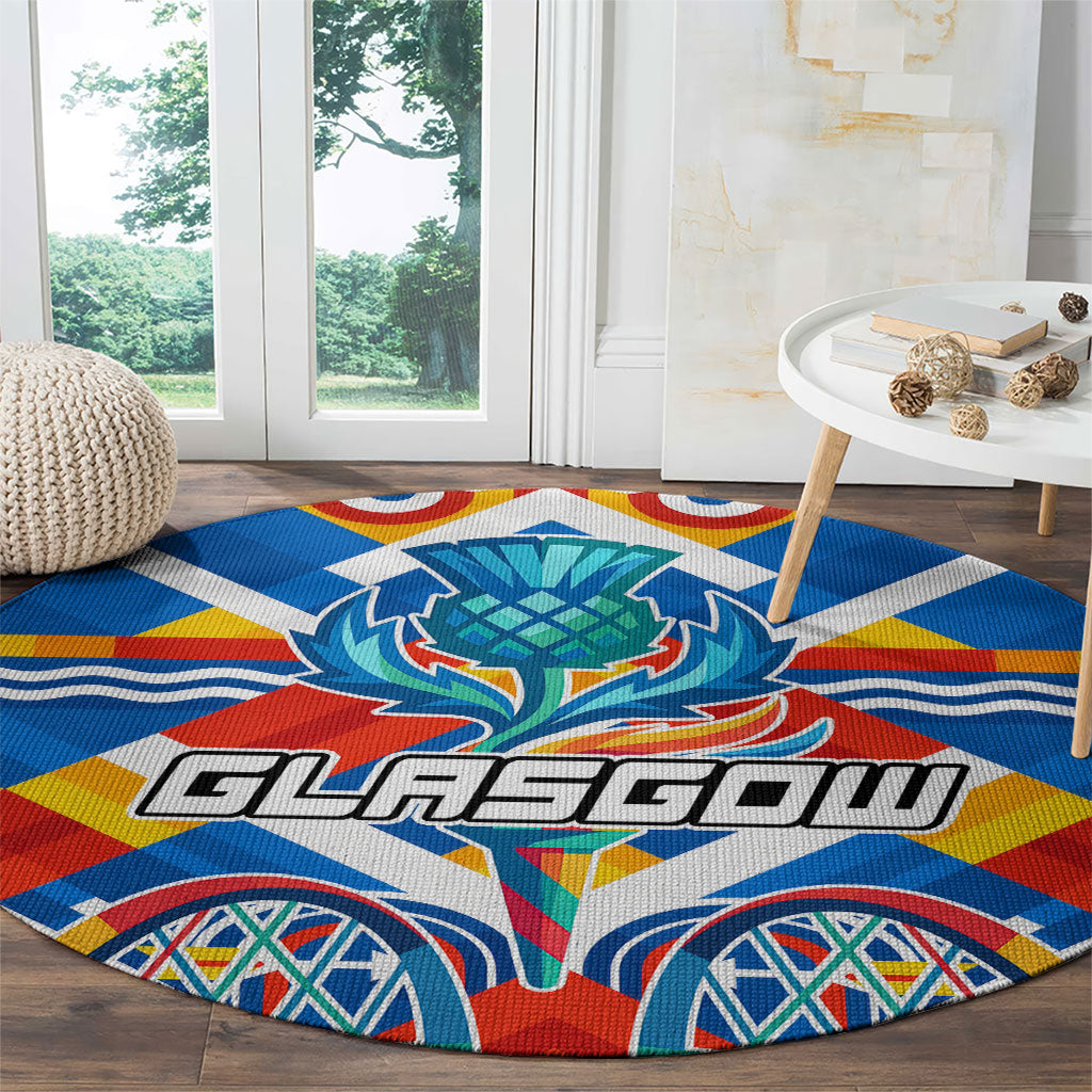 Glasgow 2026 Scotland Round Carpet Thistle Vibrant Tartan Cartoon Character