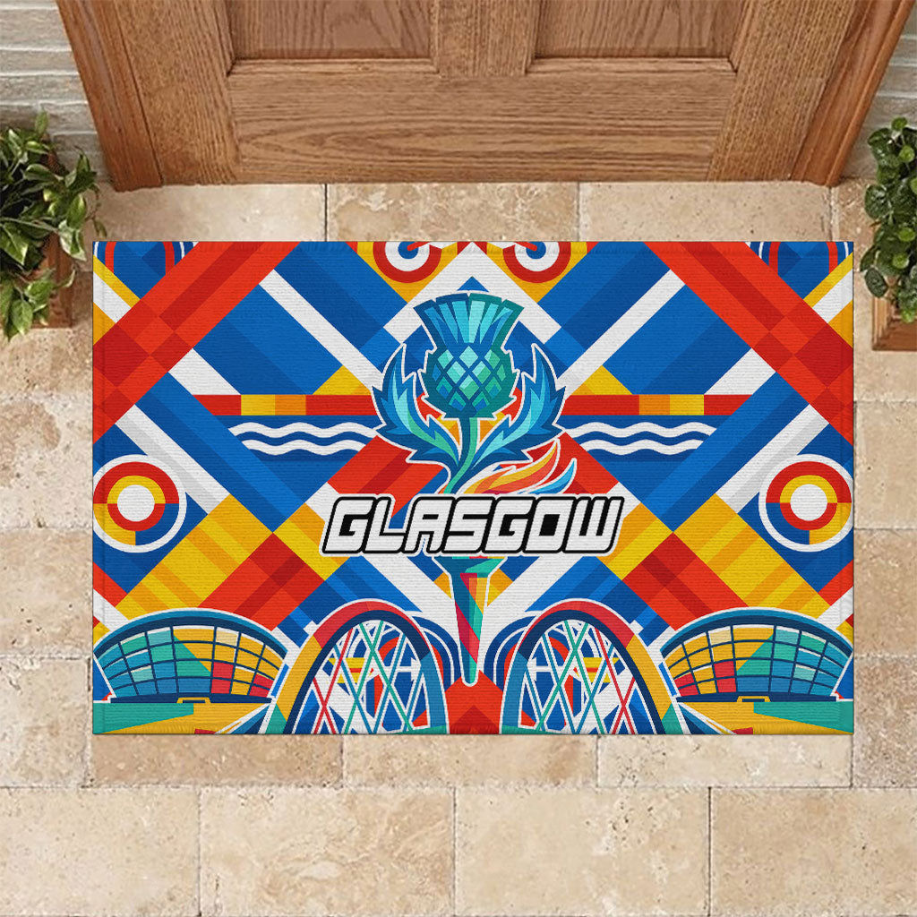 Glasgow 2026 Scotland Rubber Doormat Thistle Vibrant Tartan Cartoon Character