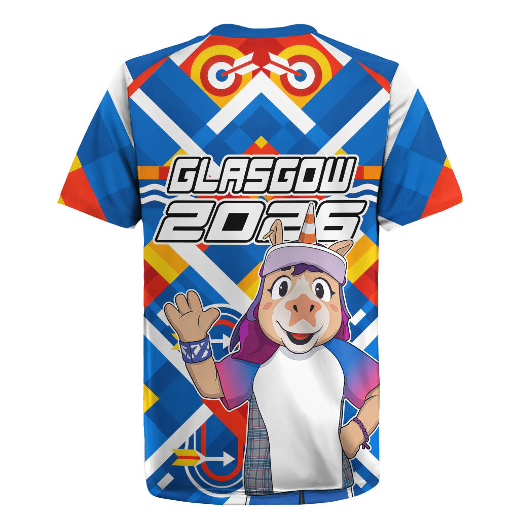 Glasgow 2026 Scotland Rugby Jersey Thistle Vibrant Tartan Cartoon Character