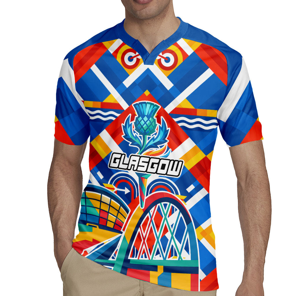 Glasgow 2026 Scotland Rugby Jersey Thistle Vibrant Tartan Cartoon Character