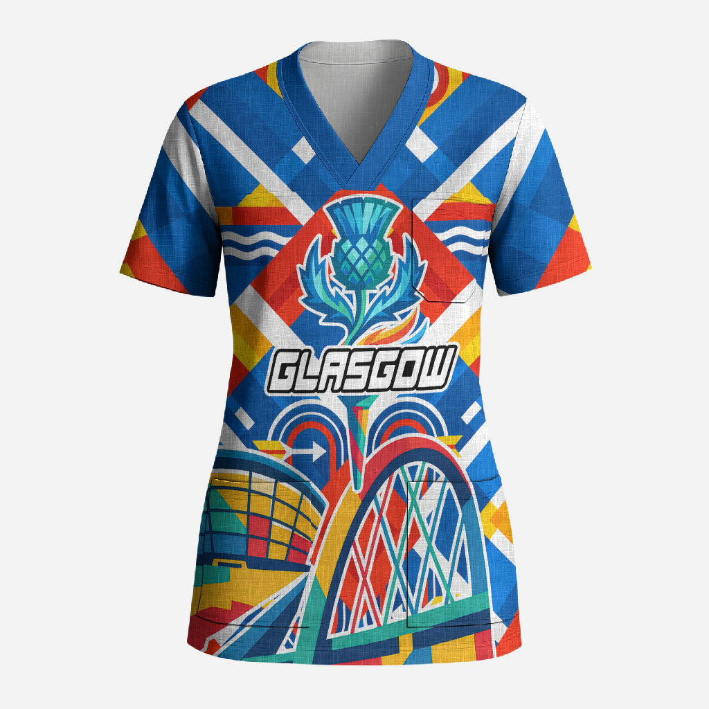 Glasgow 2026 Scotland Scrub Top Thistle Vibrant Tartan Cartoon Character