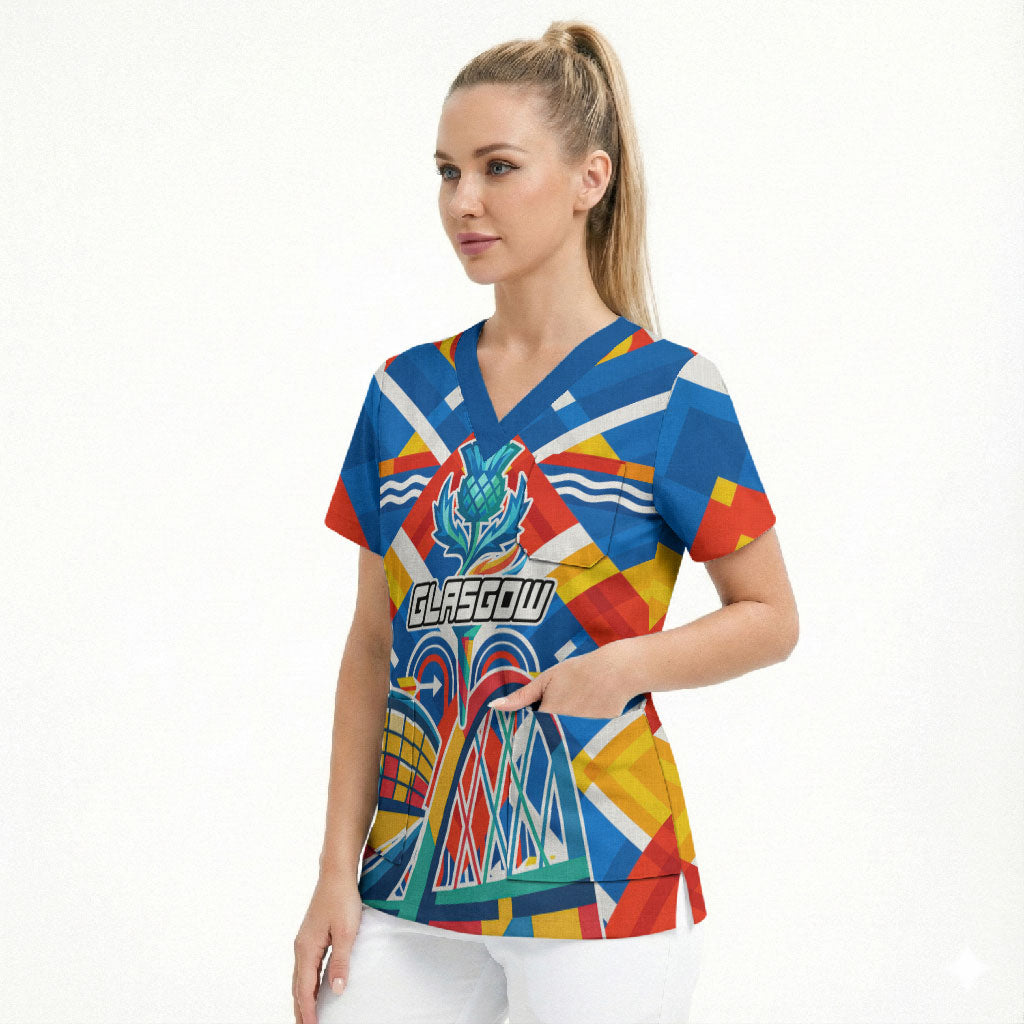 Glasgow 2026 Scotland Scrub Top Thistle Vibrant Tartan Cartoon Character