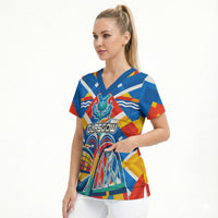 Glasgow 2026 Scotland Scrub Top Thistle Vibrant Tartan Cartoon Character