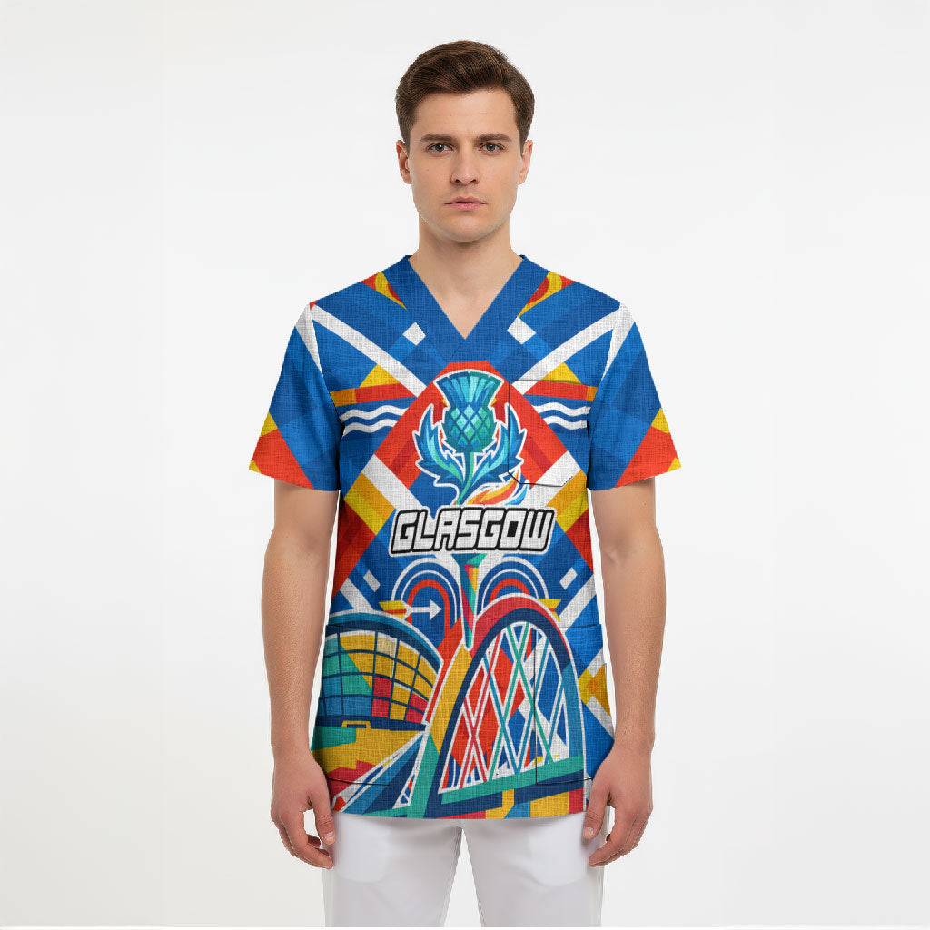 Glasgow 2026 Scotland Scrub Top Thistle Vibrant Tartan Cartoon Character