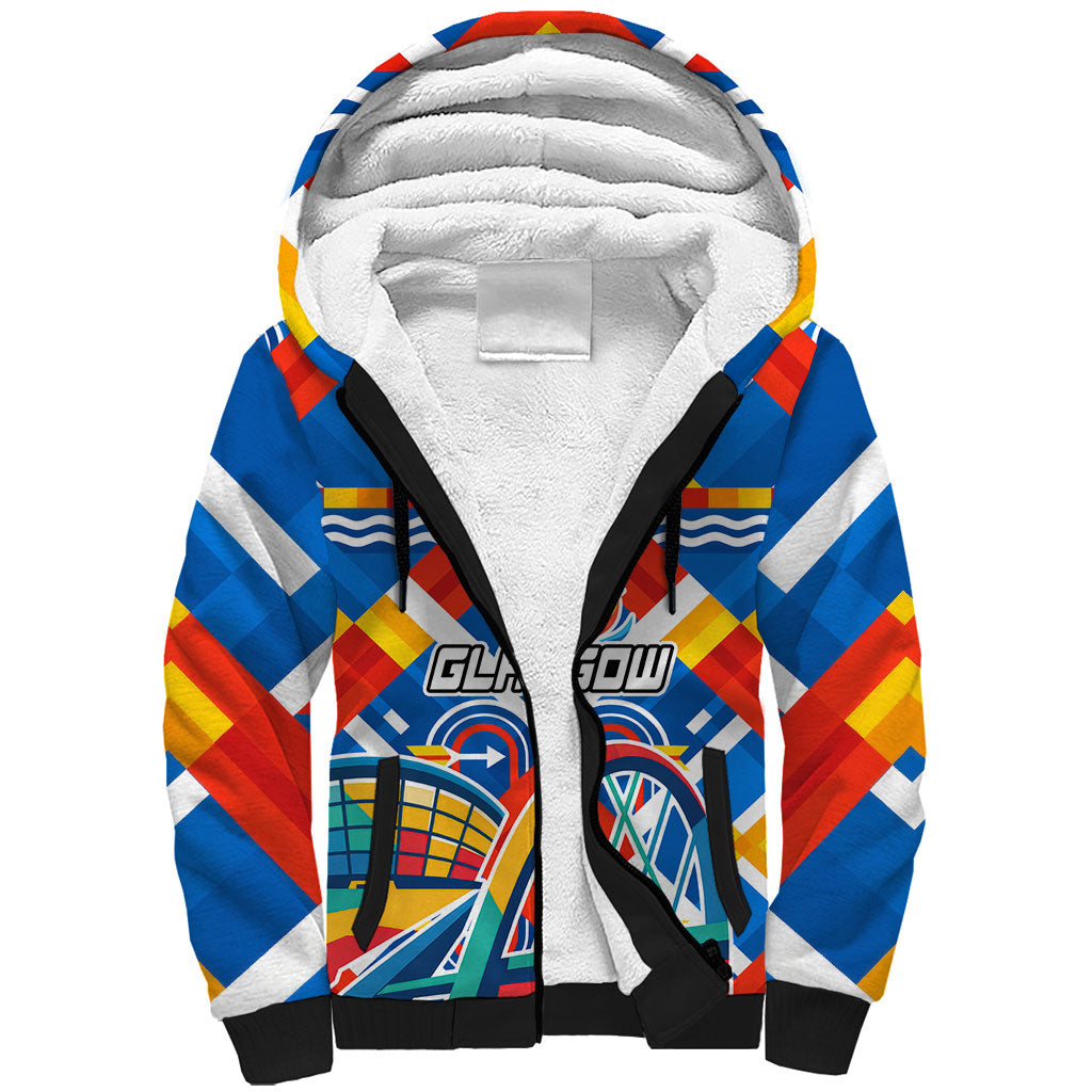 Glasgow 2026 Scotland Sherpa Hoodie Thistle Vibrant Tartan Cartoon Character