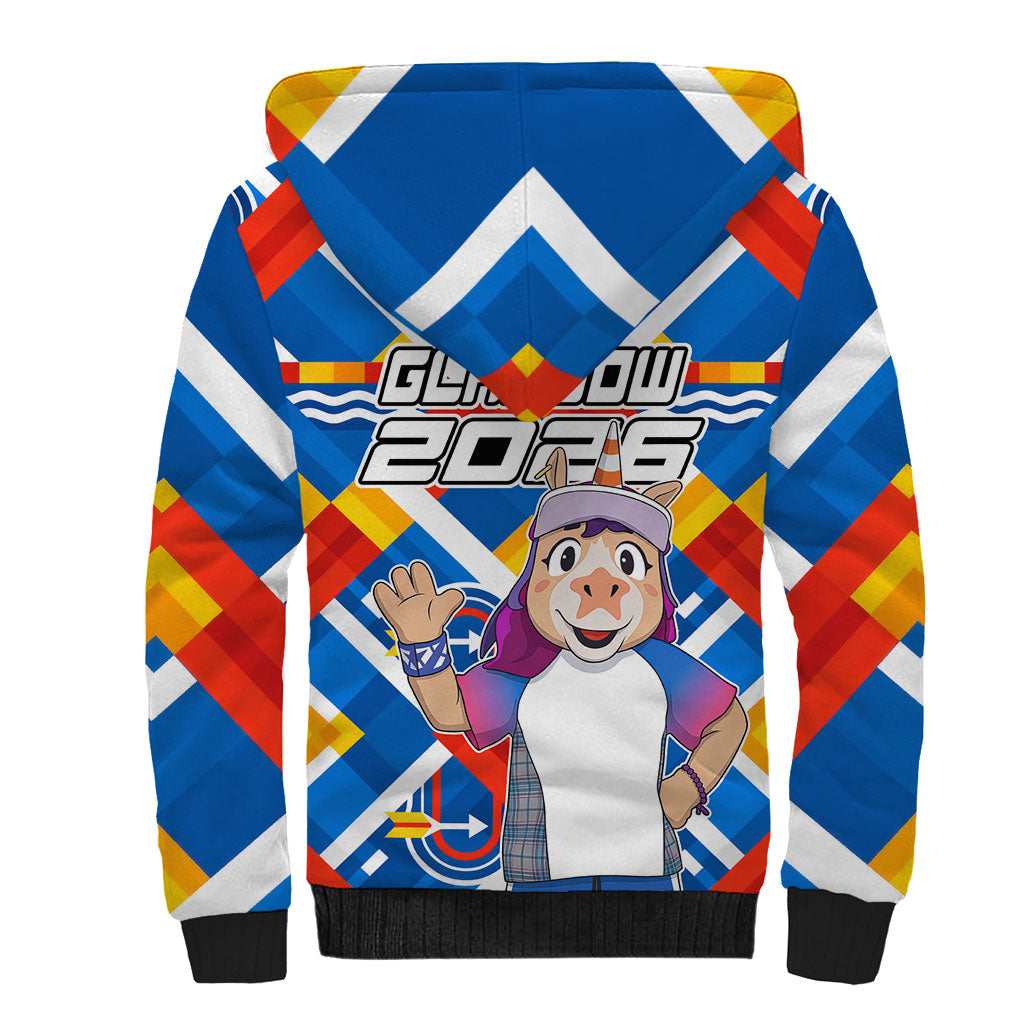 Glasgow 2026 Scotland Sherpa Hoodie Thistle Vibrant Tartan Cartoon Character