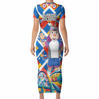 Glasgow 2026 Scotland Short Sleeve Bodycon Dress Thistle Vibrant Tartan Cartoon Character