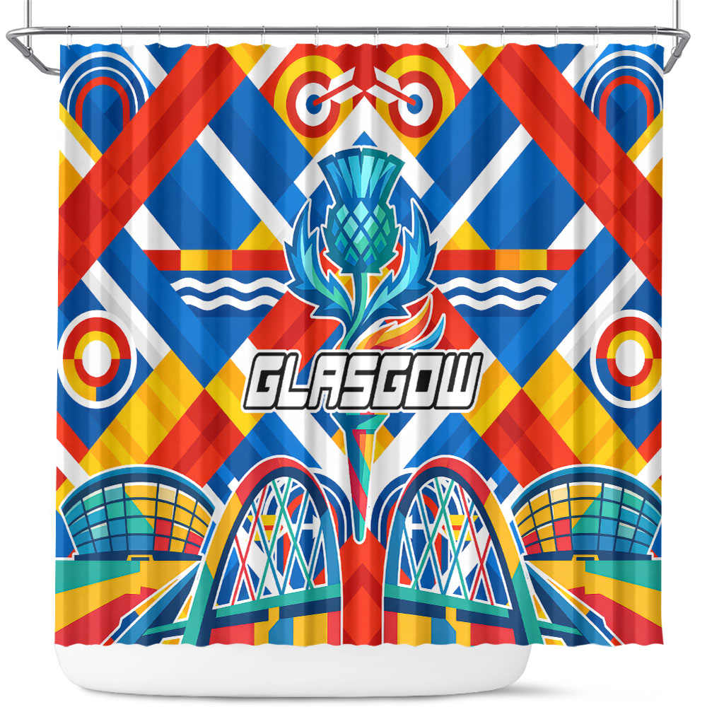 Glasgow 2026 Scotland Shower Curtain Thistle Vibrant Tartan Cartoon Character
