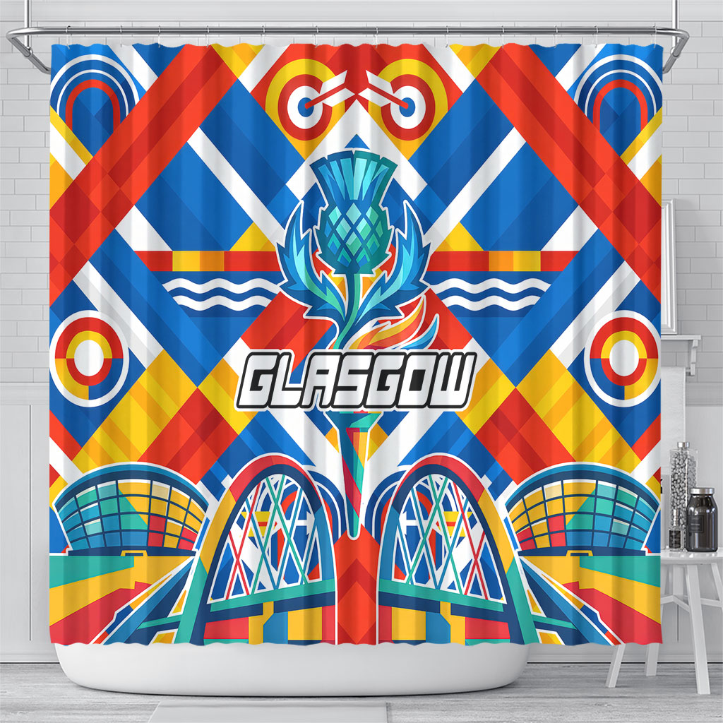 Glasgow 2026 Scotland Shower Curtain Thistle Vibrant Tartan Cartoon Character