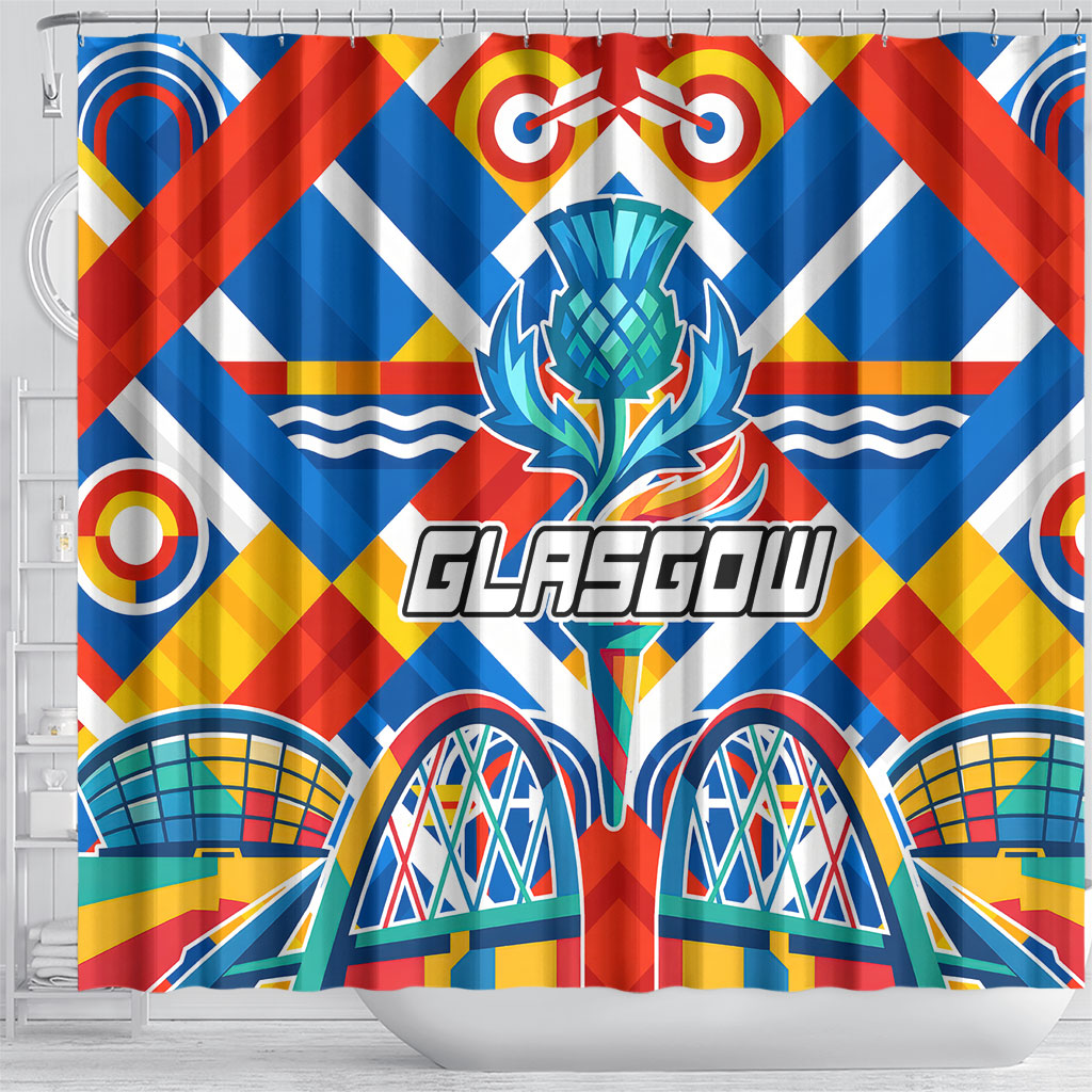 Glasgow 2026 Scotland Shower Curtain Thistle Vibrant Tartan Cartoon Character