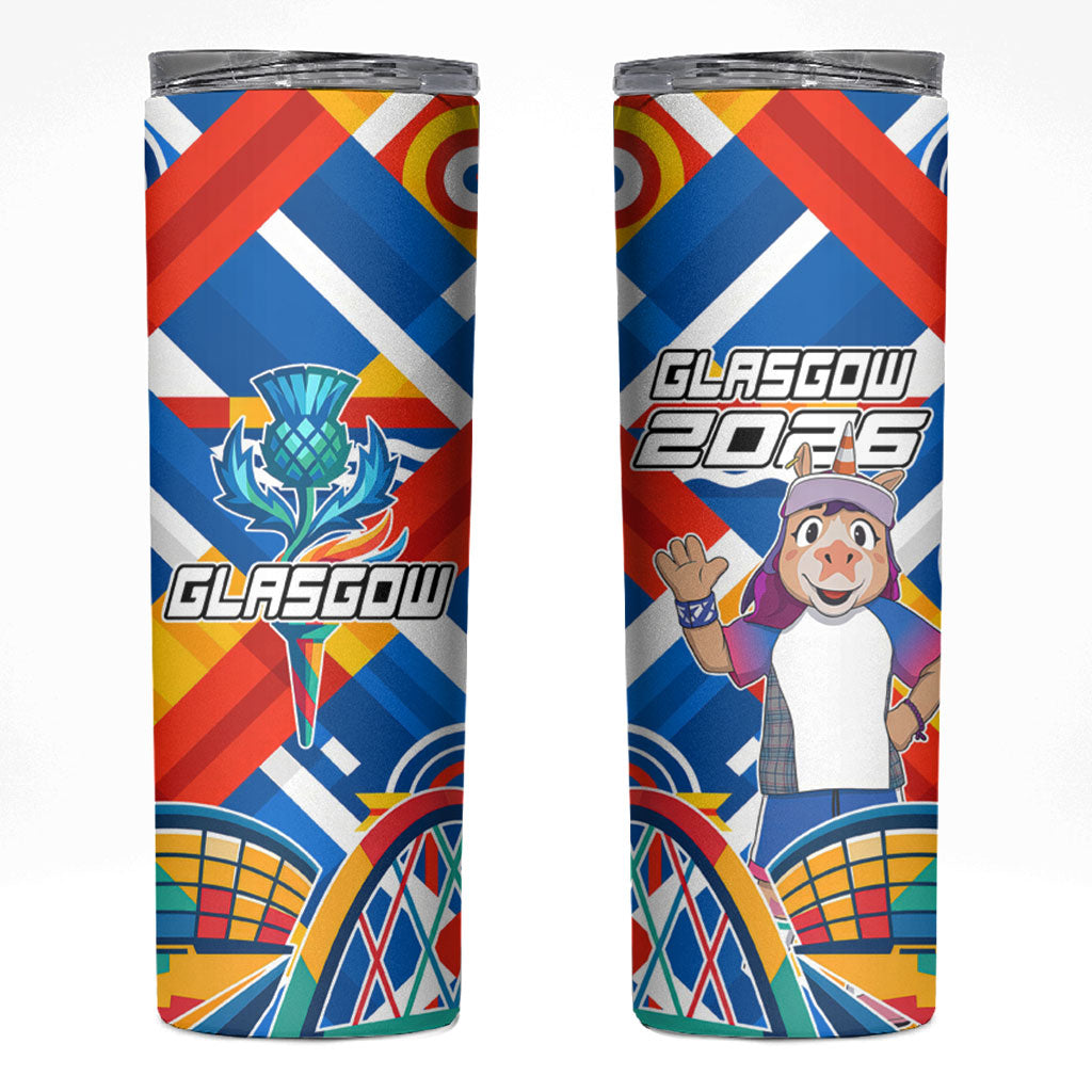 Glasgow 2026 Scotland Skinny Tumbler Thistle Vibrant Tartan Cartoon Character
