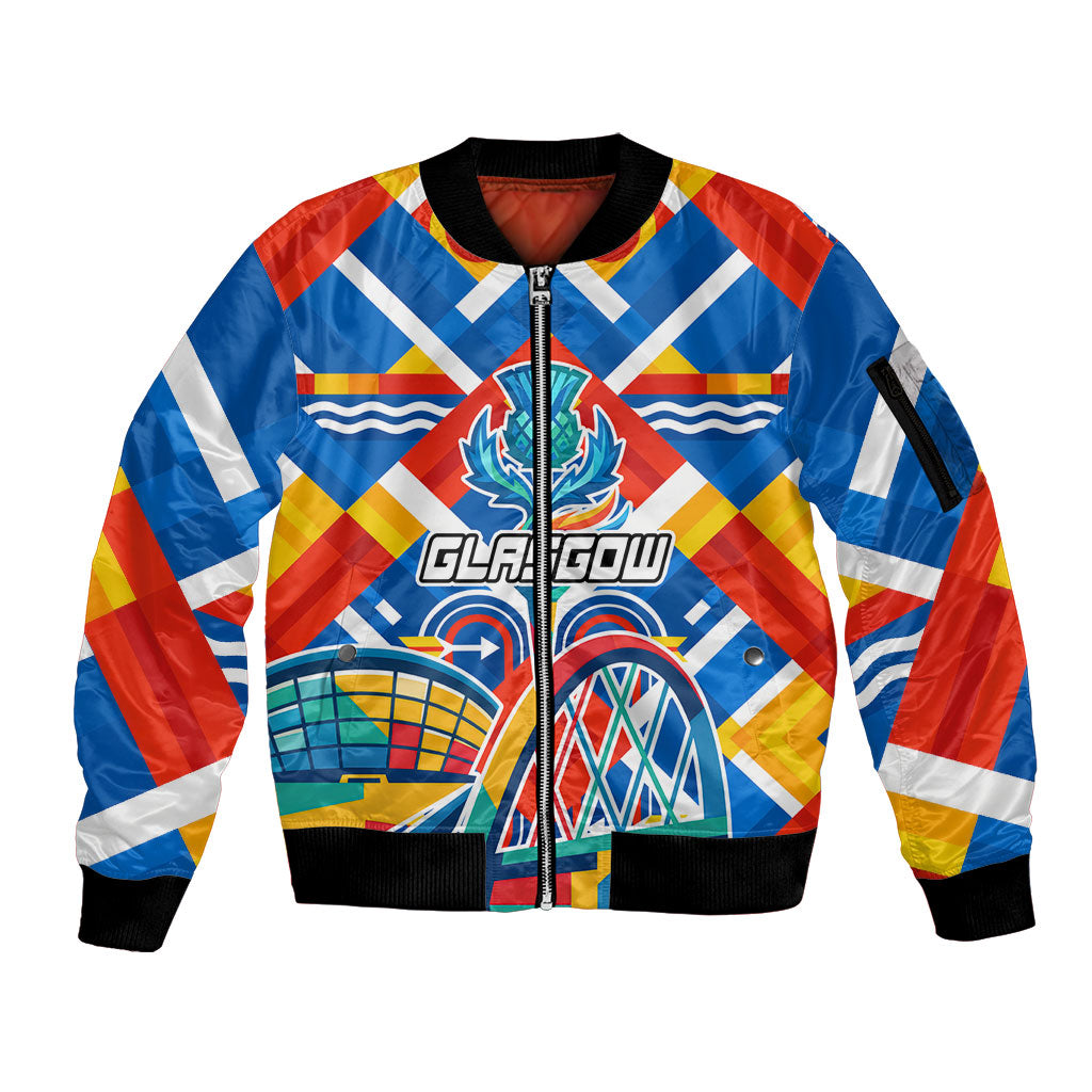 Glasgow 2026 Scotland Sleeve Zip Bomber Jacket Thistle Vibrant Tartan Cartoon Character
