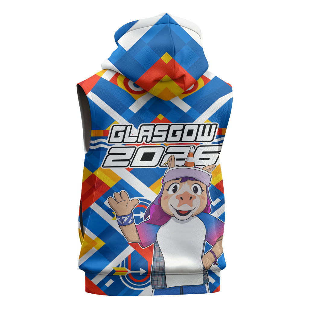 Glasgow 2026 Scotland Sleeveless Hoodie Thistle Vibrant Tartan Cartoon Character