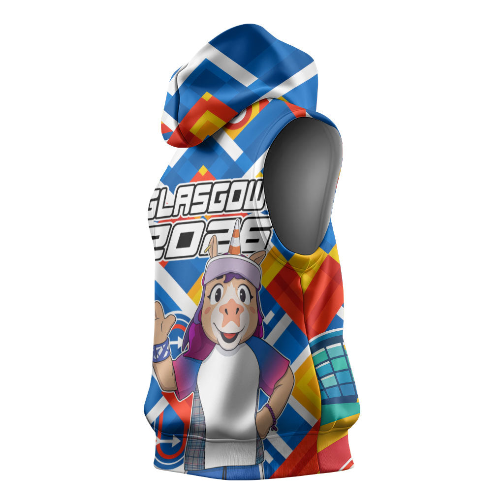 Glasgow 2026 Scotland Sleeveless Hoodie Thistle Vibrant Tartan Cartoon Character