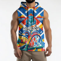 Glasgow 2026 Scotland Sleeveless Hoodie Thistle Vibrant Tartan Cartoon Character