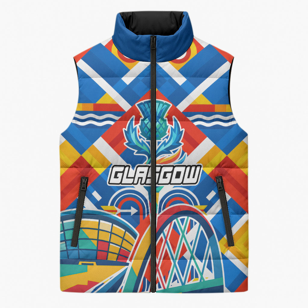 Glasgow 2026 Scotland Sleeveless Puffer Jacket Thistle Vibrant Tartan Cartoon Character