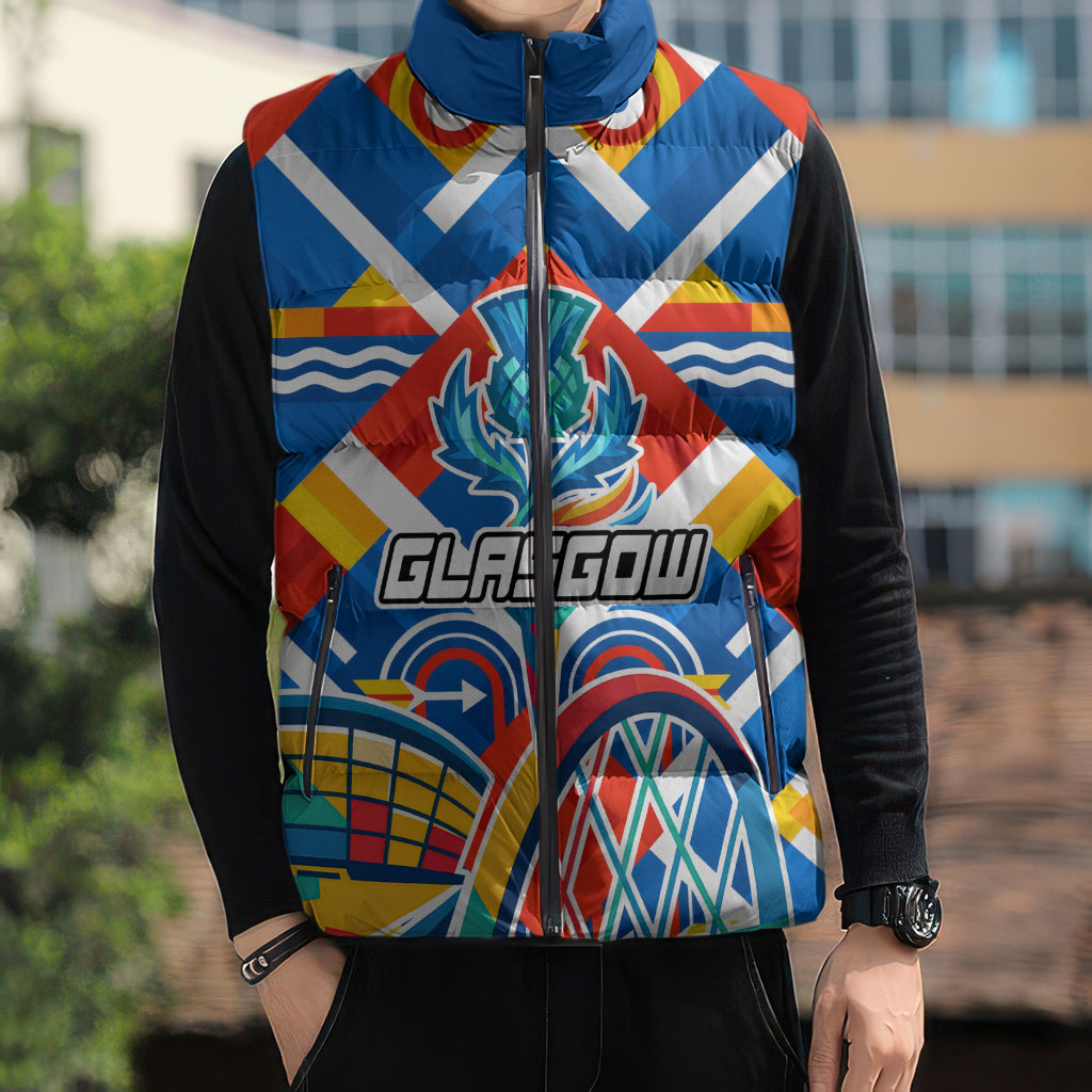 Glasgow 2026 Scotland Sleeveless Puffer Jacket Thistle Vibrant Tartan Cartoon Character