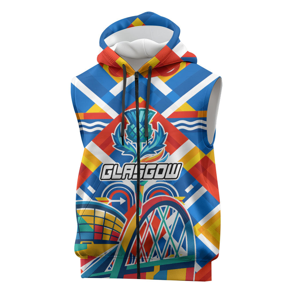 Glasgow 2026 Scotland Sleeveless Zip Hoodie Thistle Vibrant Tartan Cartoon Character