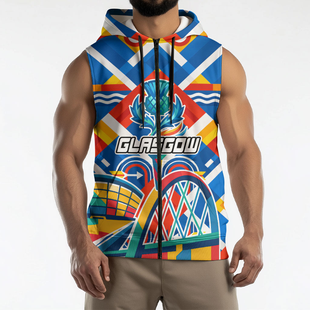 Glasgow 2026 Scotland Sleeveless Zip Hoodie Thistle Vibrant Tartan Cartoon Character